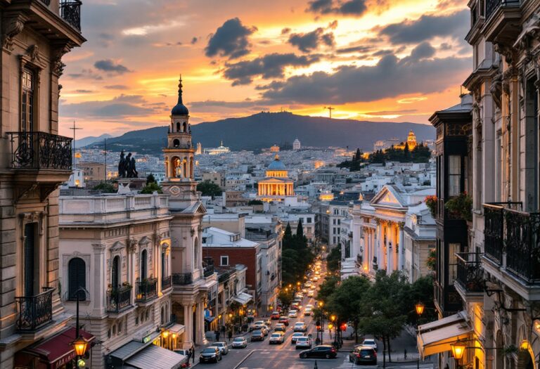 Panorama di Atene con monumenti storici e piatti tipici