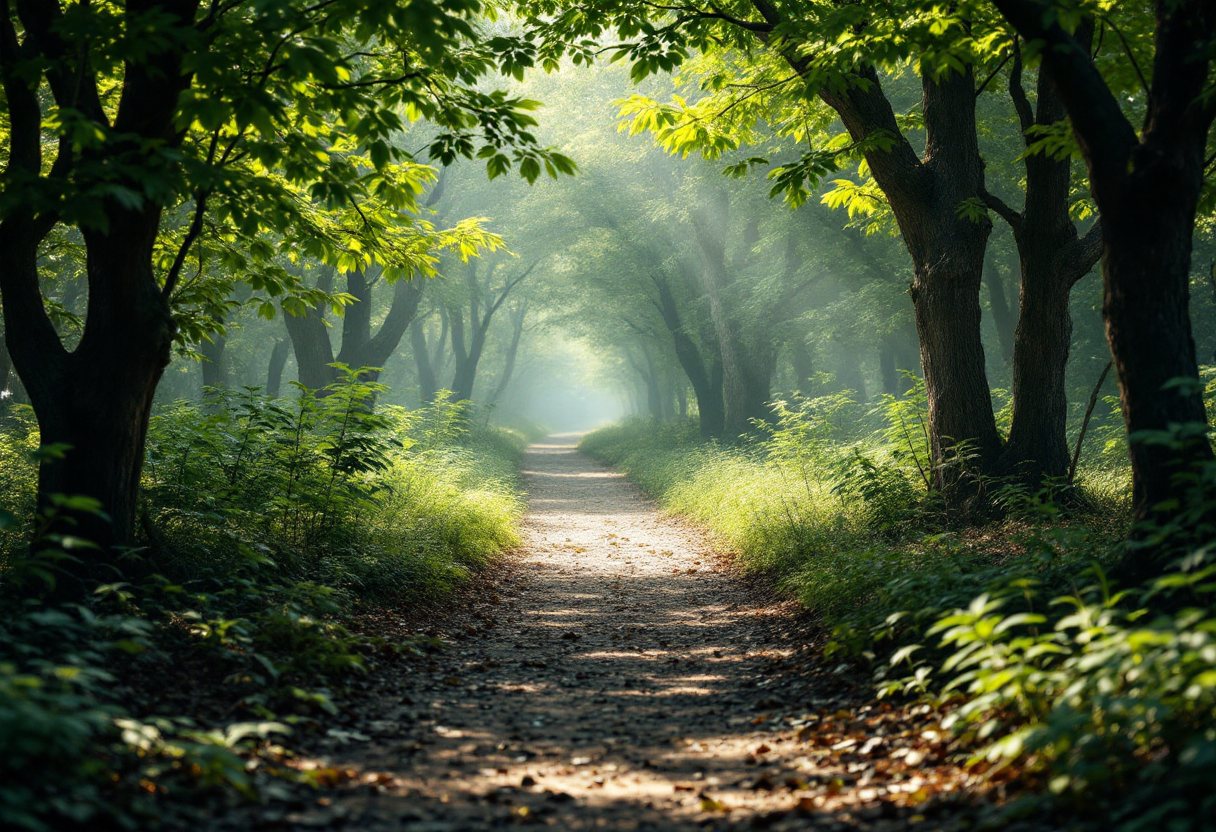 Persone che camminano in un bosco verde e rigoglioso