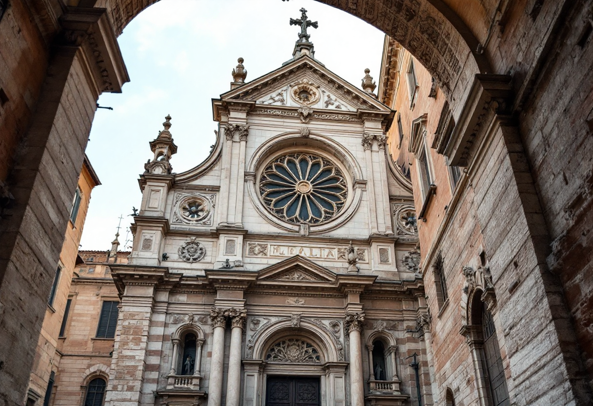 Vista di una chiesa medioevale a Roma con dettagli architettonici