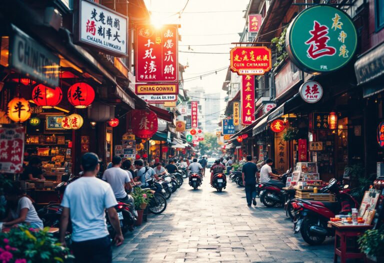 Vista di Chinatown a Kuala Lumpur con bancarelle di cibo