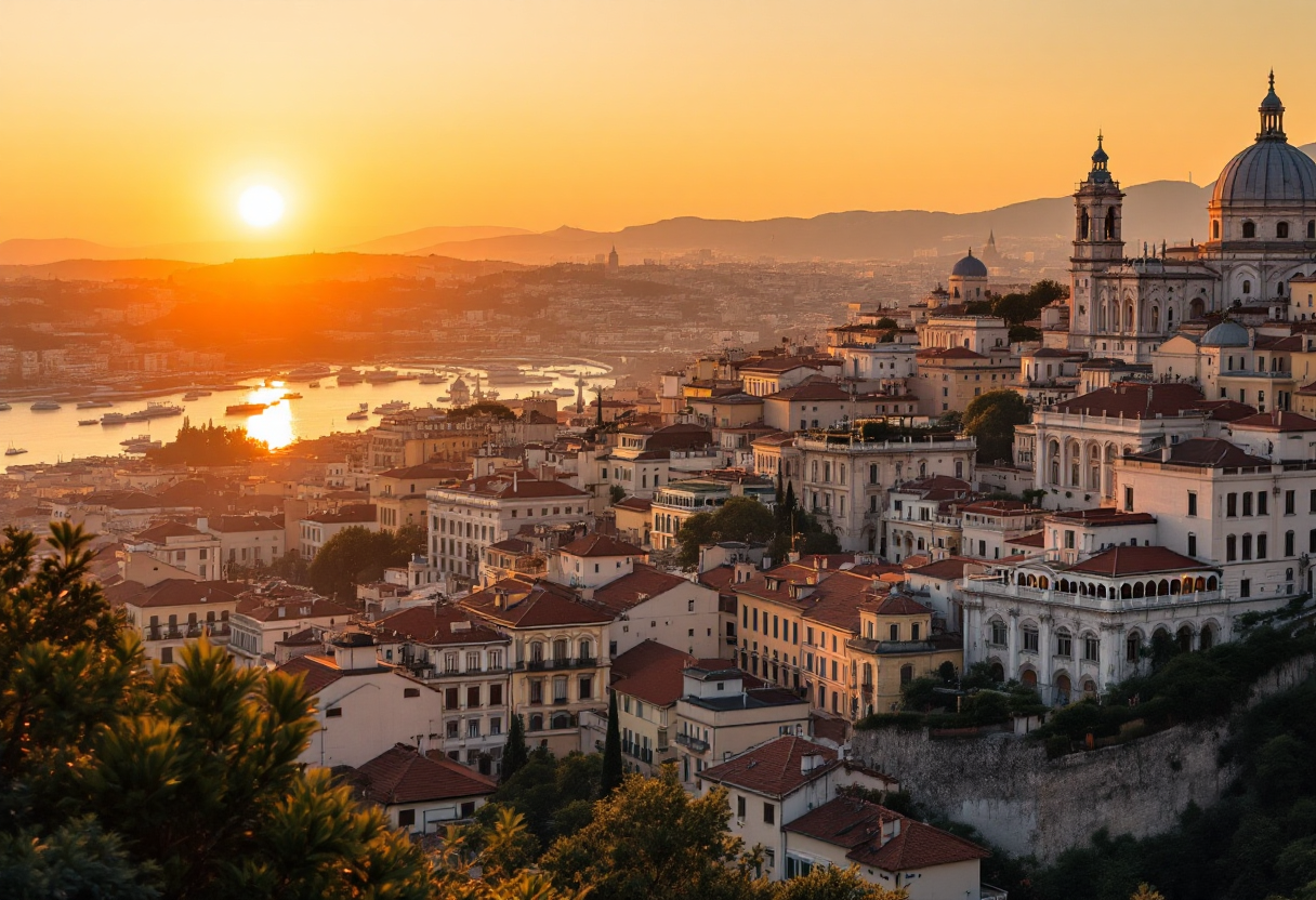 Panorama di una città romantica al tramonto