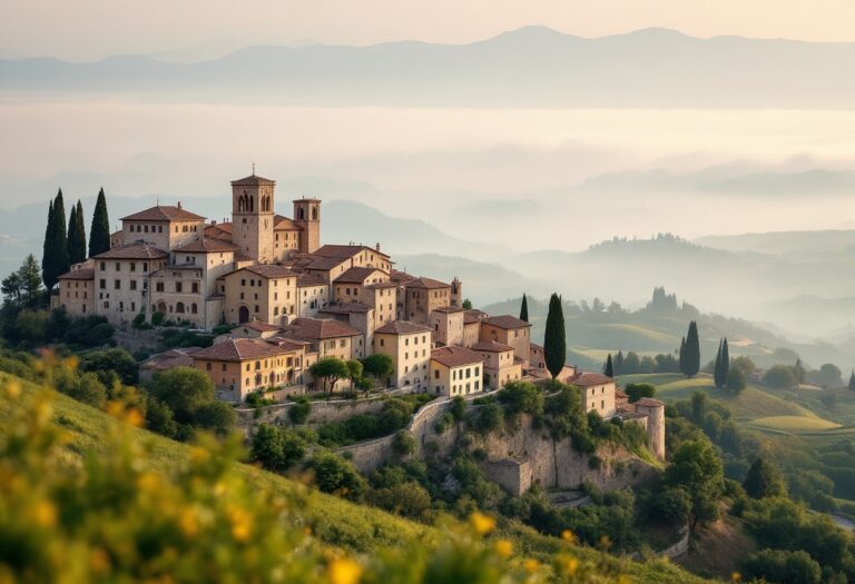 Panorama delle Marche con colline e borghi storici