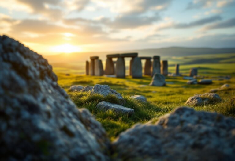 Stonehenge al tramonto con paesaggio del Wiltshire