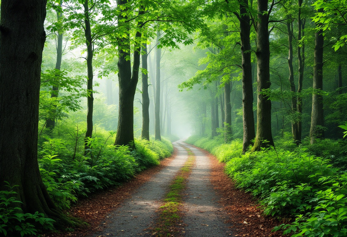 Persone che camminano in un bosco verde e rigoglioso