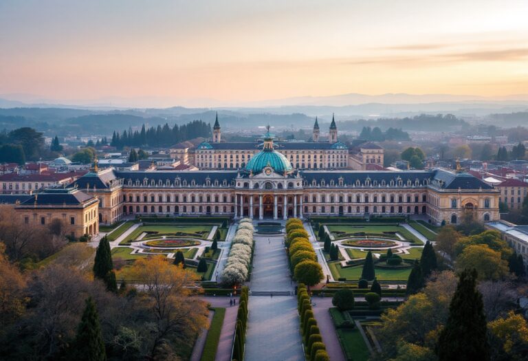 Vista della Reggia di Monza con giardini e architettura storica