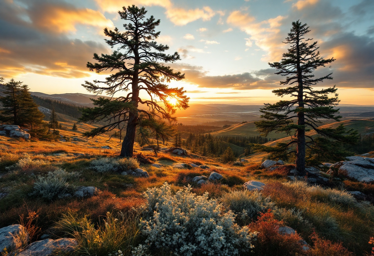 Immagine del sole di mezzanotte in un paesaggio nordico