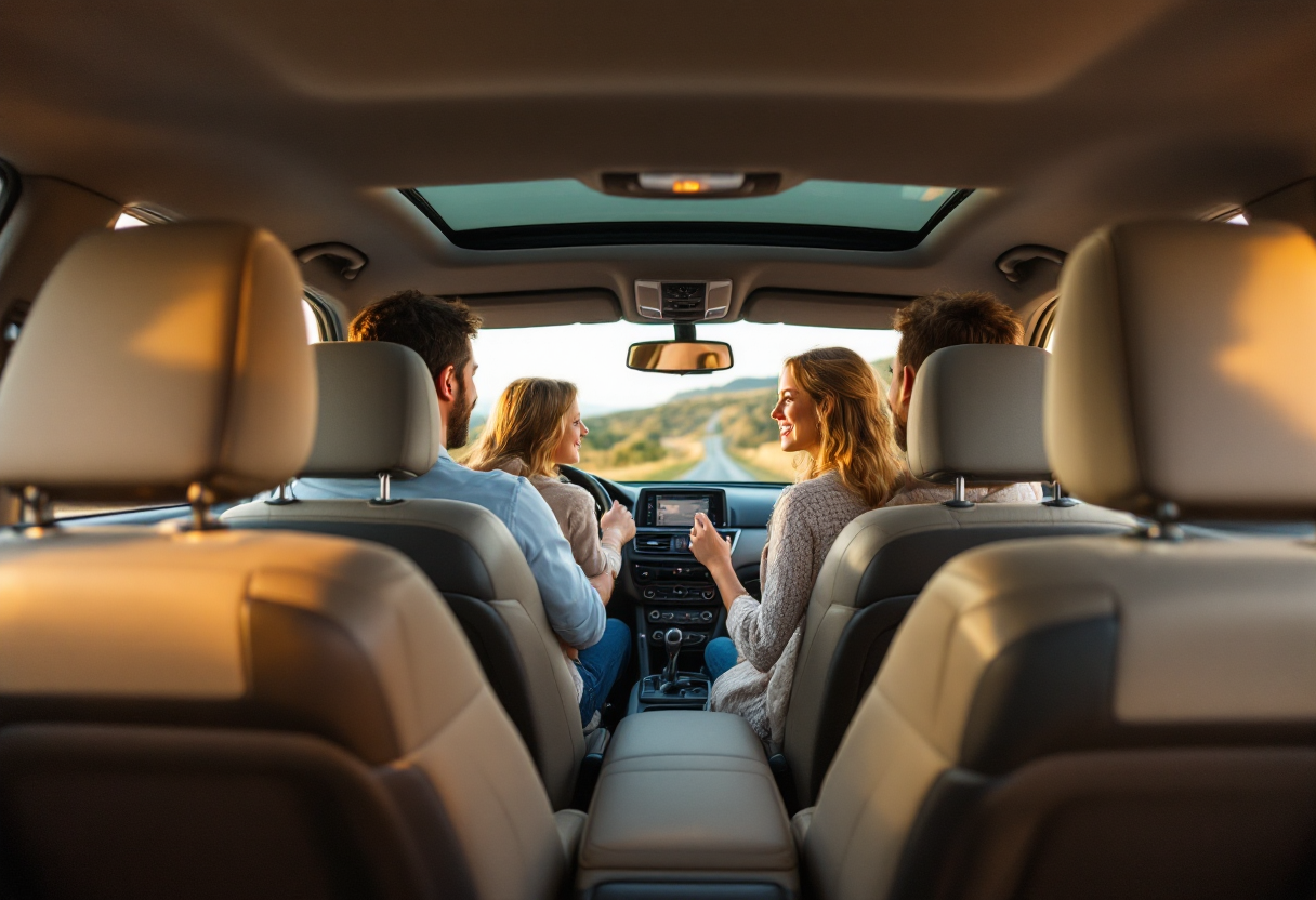 Famiglia in viaggio in auto con bambini felici