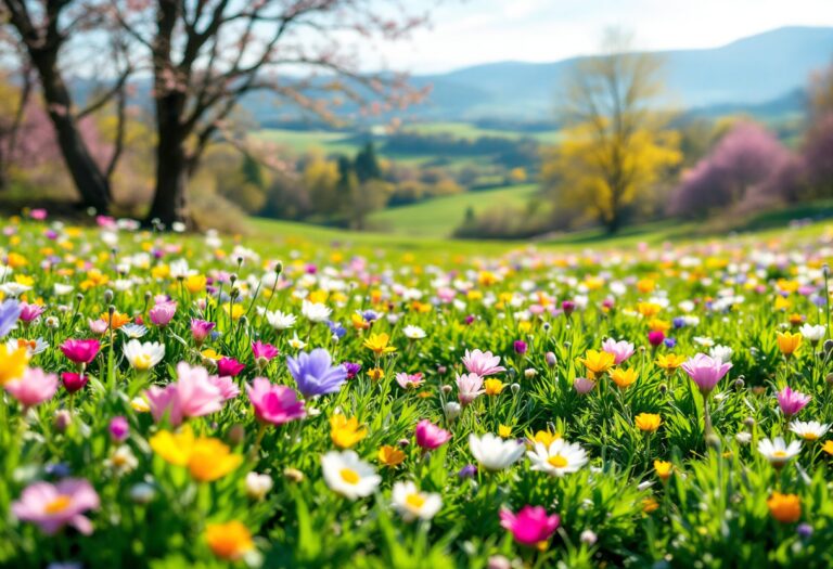 Paesaggio primaverile con fiori e sole