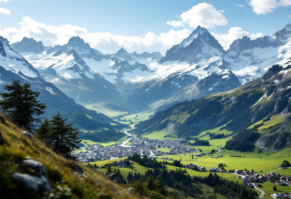 Vista panoramica di Zermatt con montagne e architettura alpina